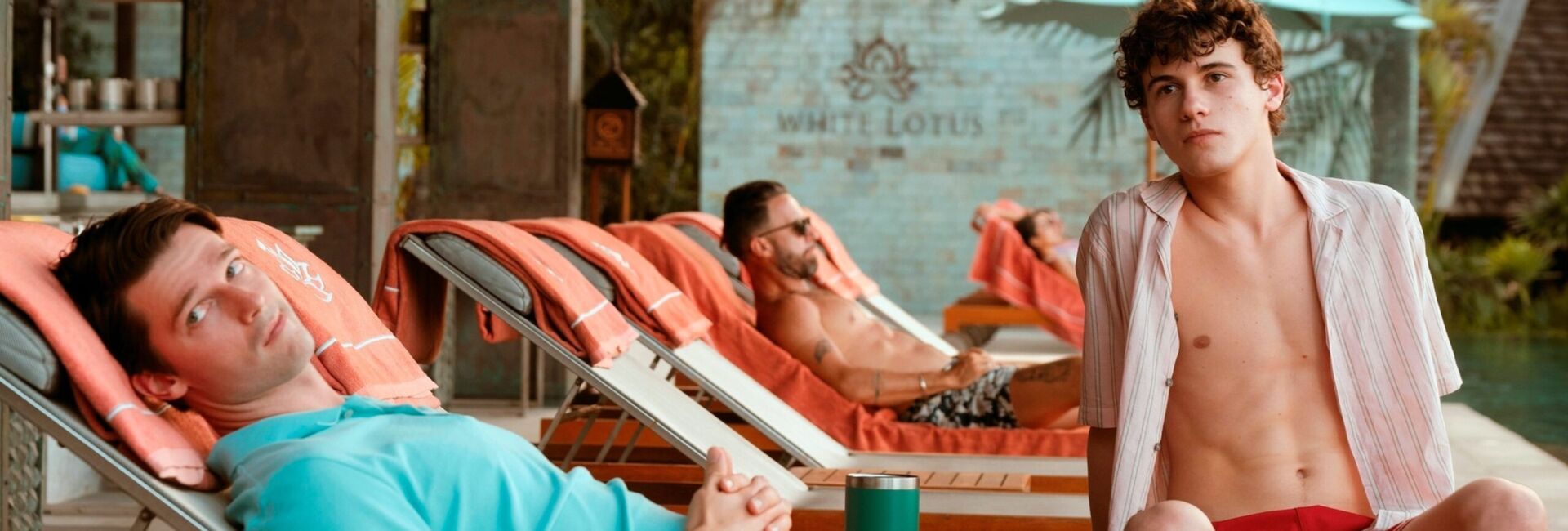 Patrick Schwarzenegger as Saxon Ratliff, Sam Nivola as Lochlan Ratliff, "The White Lotus" Season 3 (2025), Photo credit: Fabio Lovino/HBO